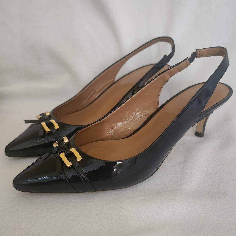 Talbots Dark Navy and Gold Kitten Heel Slingbacks